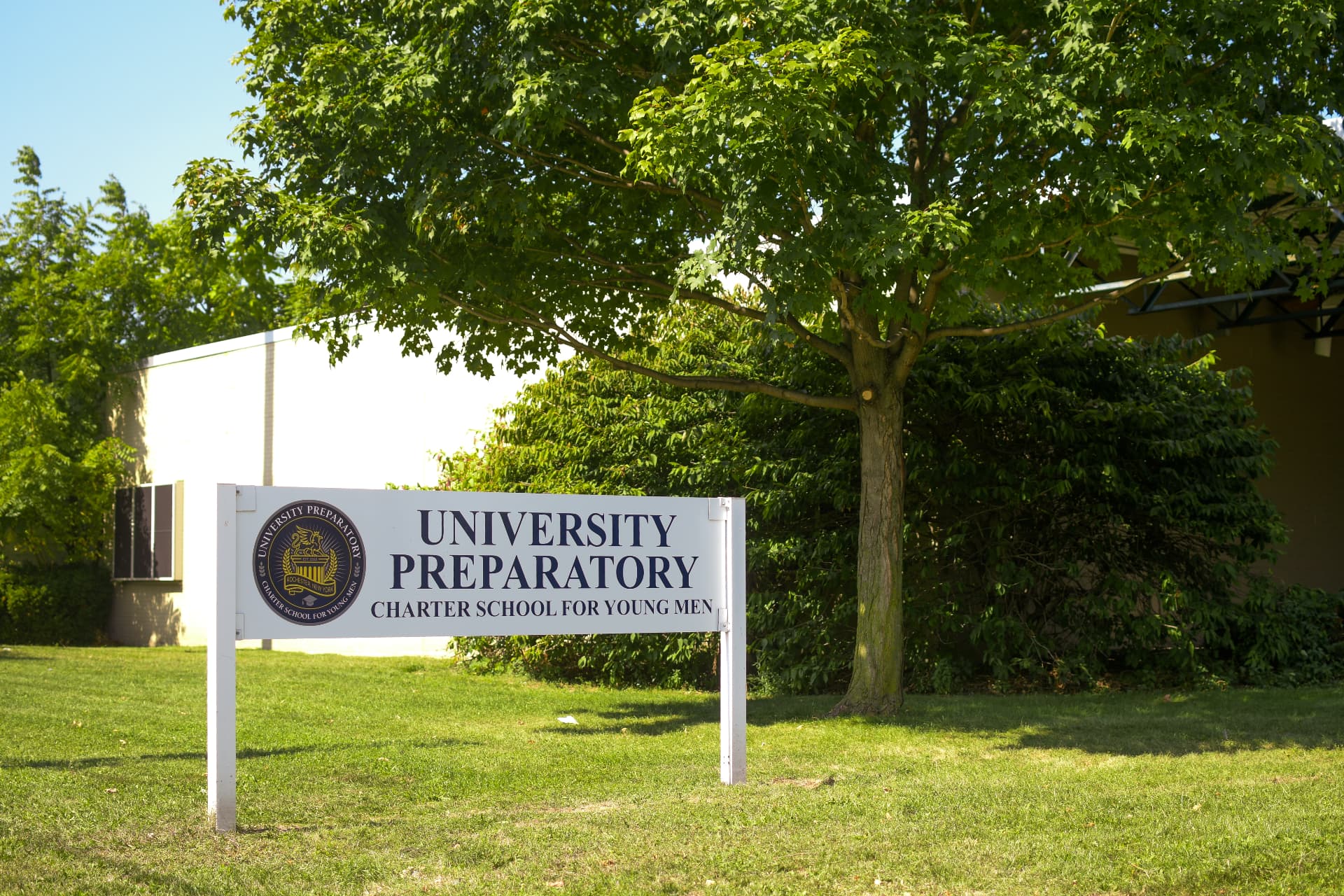 University Preparatory Charter School for Young Men campus sign in Rochester, New York